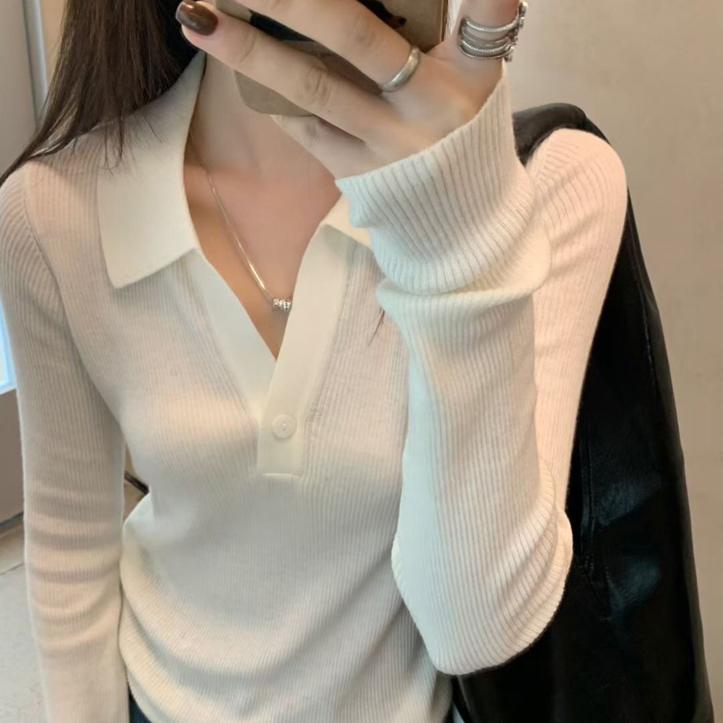 闰熙runxi3956极简风POLO领针织衫女长袖修身显瘦气质打底衫毛衣图片
