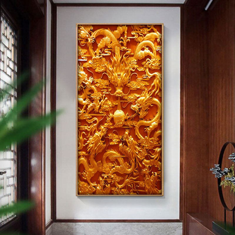 网红龙图挂画玄关酒店黄金龙戏珠装饰画龙画龙画像竖龙图腾霸气画