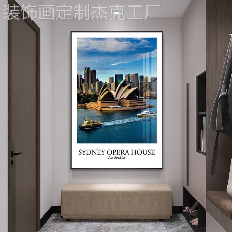 网红关世界建筑风景三联客厅背景墙装画餐饰厅玄挂画走廊款过道竖图片
