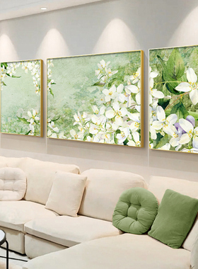 网红北欧风花卉客厅装饰画现代肌理感沙发背景墙壁画绿色植物三联