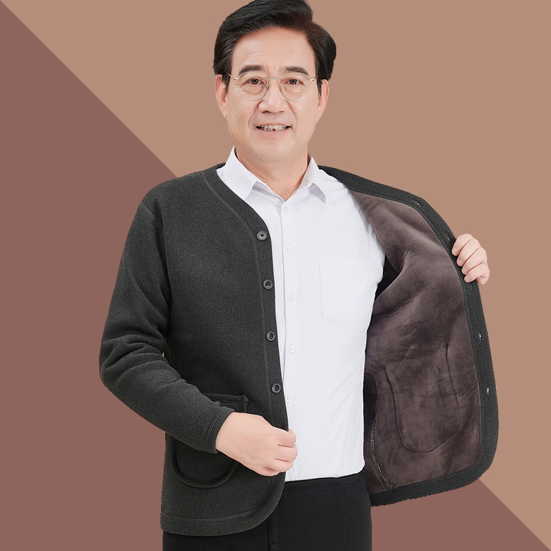 啄木鸟春秋毛衣男款爸爸冬装外套老年人爷爷衣服老头加绒针织开衫