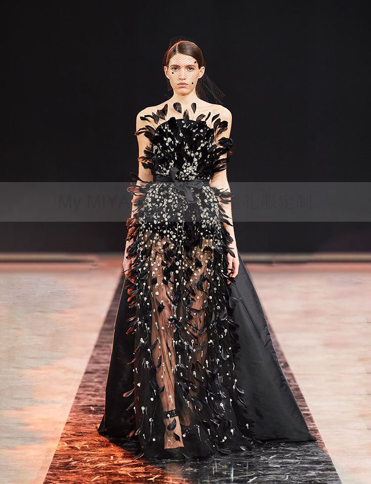 欧美风时尚高端晚礼服女童t台走秀演出服儿童黑色羽毛长款礼服裙