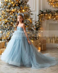 英伦风儿童礼服雾霭蓝女童公主裙生日宴会晚礼服主持钢琴表演服