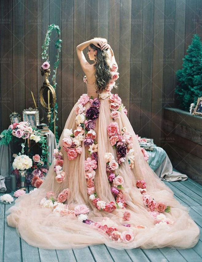 粉嫩手工花朵儿童礼服 超仙抹胸婚纱公主蓬蓬裙生日晚礼服长拖尾