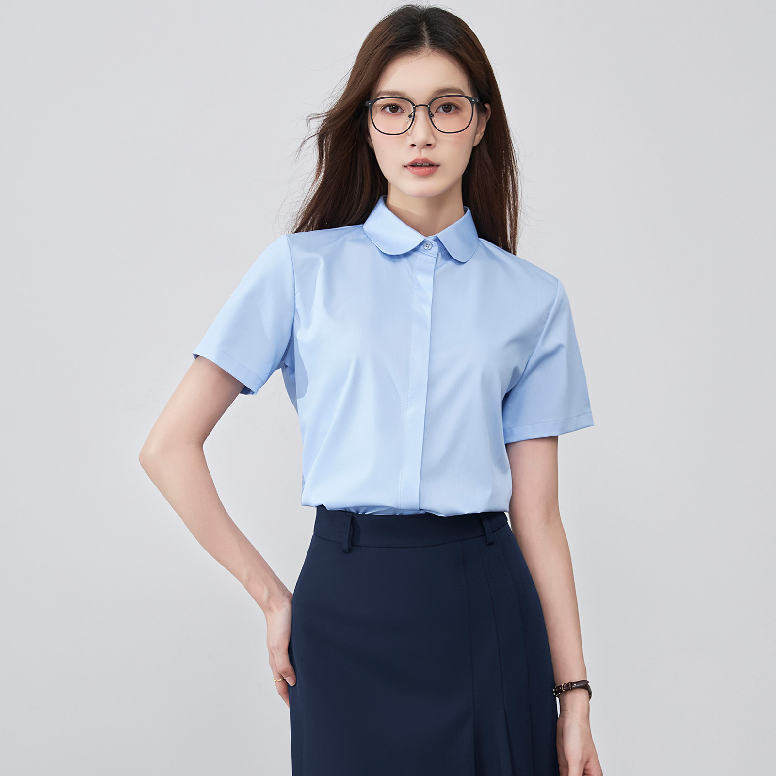 职业圆领蓝色衬衫套装女夏季面试公务员正装教资穿搭百褶两件套裙