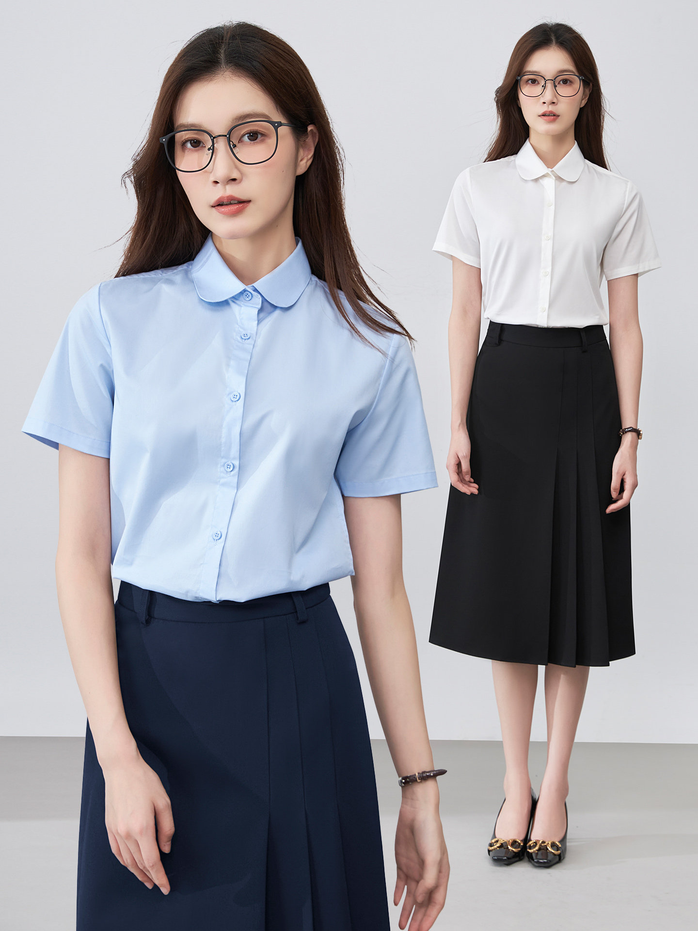 圆领蓝色职业衬衫女短袖夏季正装面试A字百褶半身裙套装OL工作服