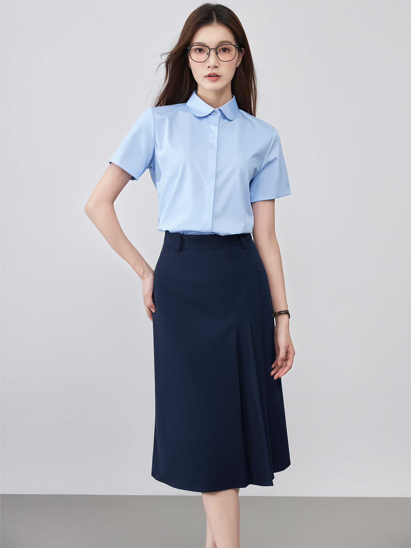 职业圆领蓝色衬衫套装女夏季面试公务员正装教资穿搭百褶两件套裙