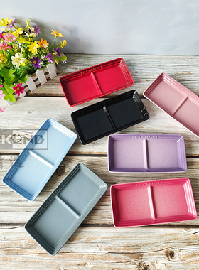 法国酷彩LECREUSET分格酱料碟釉下彩陶瓷碟调味碟日式两格长方碟