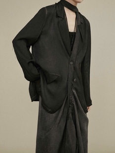 现 脏染茶色飘带毛边设计西装外套+ 多种穿法绑带中长裙