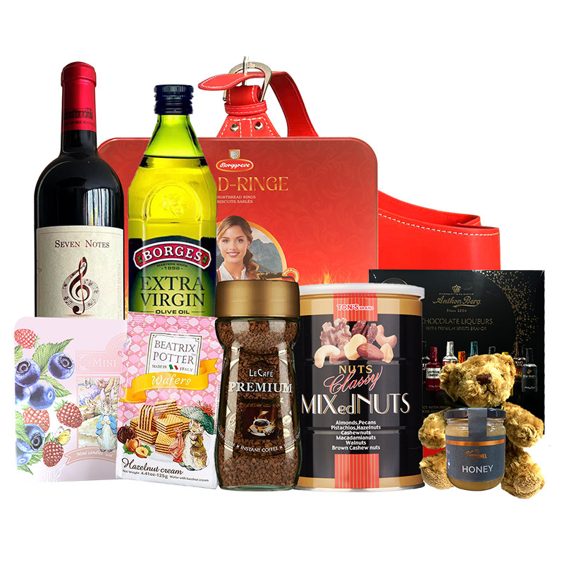 年货节日送礼篮礼盒咖啡红酒橄榄油曲奇饼干巧克力新年零食伴手礼