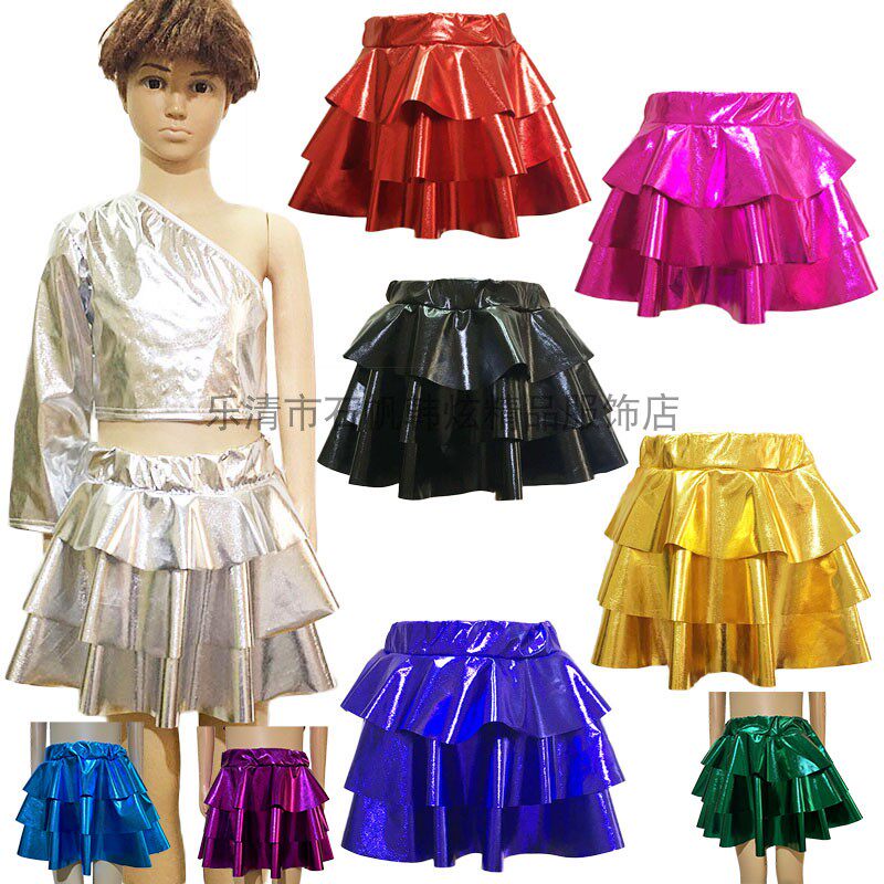 百搭时尚女童成人摄影服金属感亮面蓬蓬裙短裙三层蛋糕裙表演服