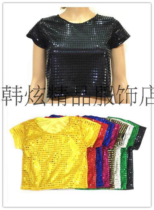 新款韩版ds演出服女领舞啦啦队短款弹力亮片休闲短袖T恤衫百搭