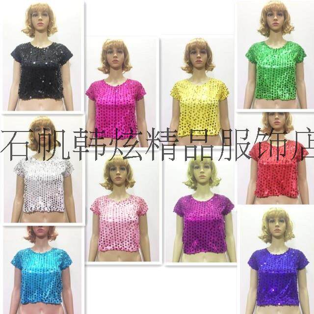 女士精品超仙演出服亮片弹力里布韩版不透舒适搭配圆领短袖T恤衫