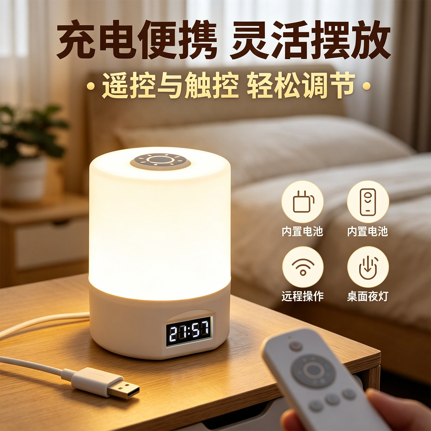 遥控触摸三色温充电床头夜灯