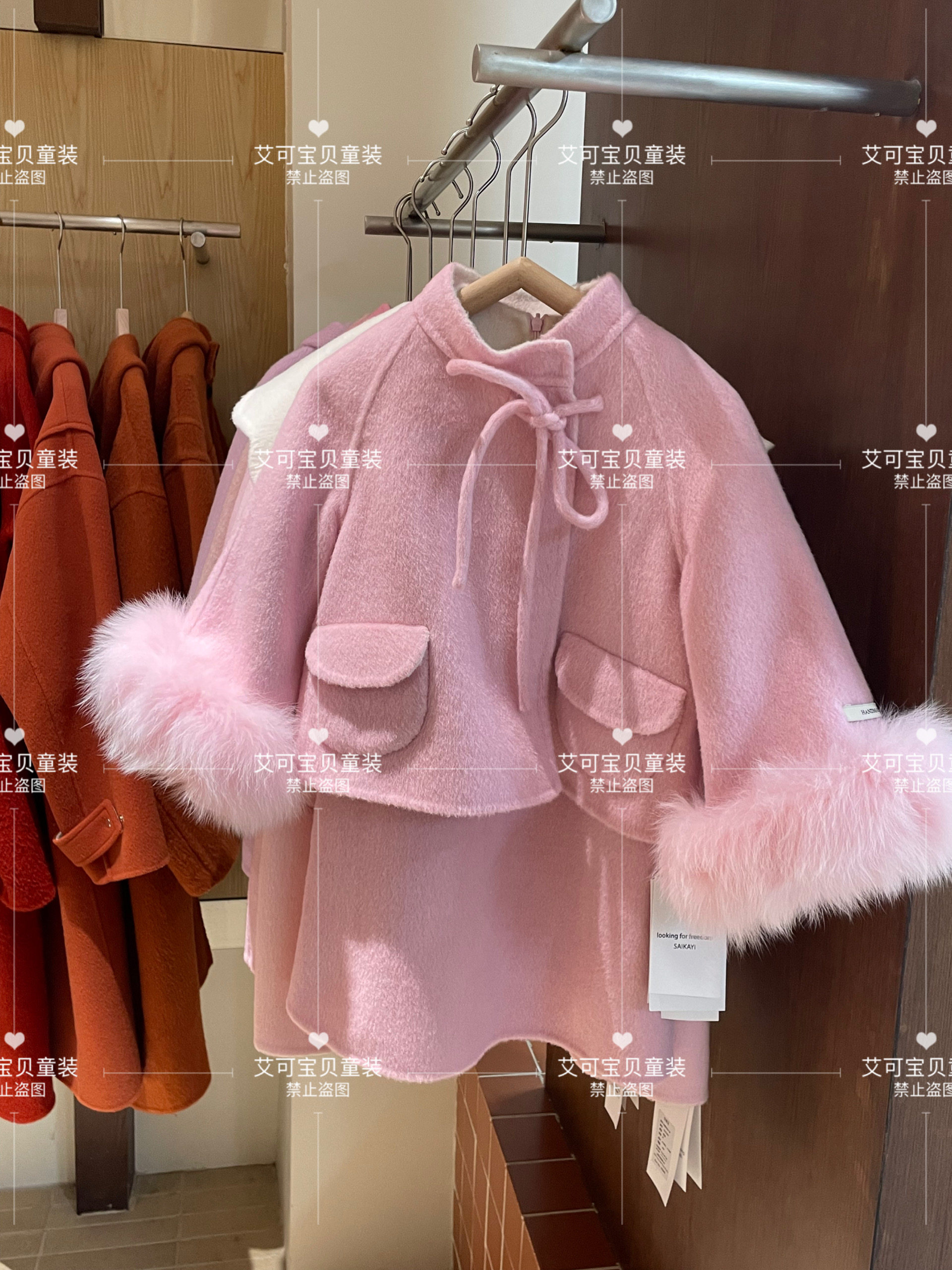 saikayi 儿童双面羊绒大衣 女童狐狸毛毛边 毛呢两件套裙子 新年