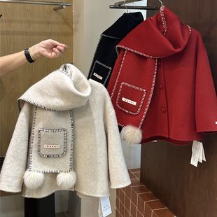 saikayi2025儿童双面羊绒大衣毛球围脖女洋气韩版新年红外套年服