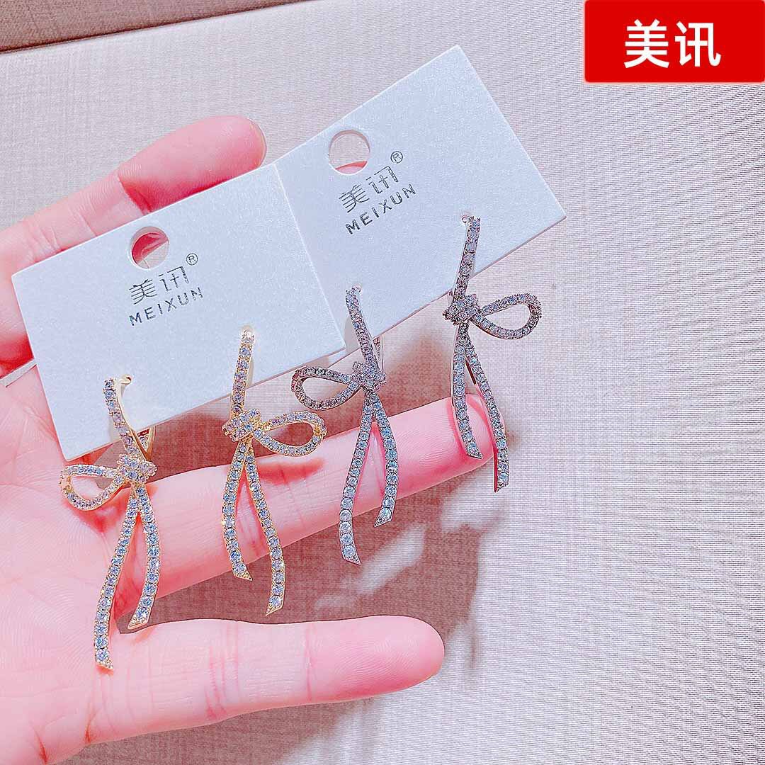 美讯饰品新款轻奢满钻蝴蝶结耳扣时尚精致个性高级感气质百搭耳环