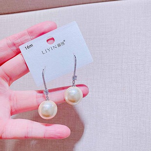 丽银新款镶钻锆石16mm珍珠耳环时尚精致个性气质设计感百搭耳钉潮