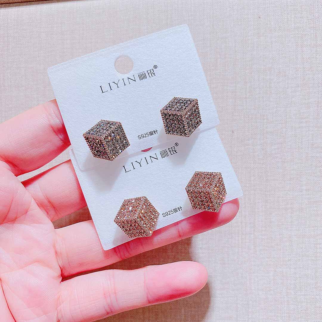 丽银饰品新款轻奢满钻几何正方体耳环
