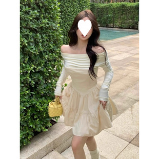 纯欲辣妹一字肩长袖连衣裙女秋季感气质蓬蓬裙收腰小个子短裙
