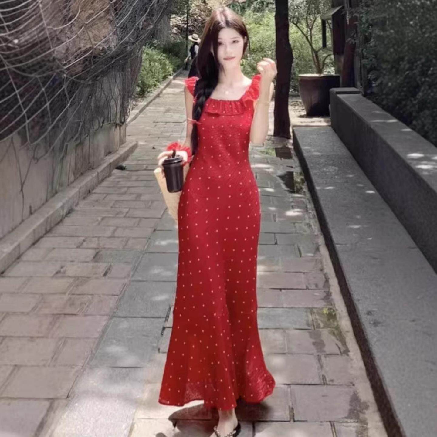 海边度假风法式方领小花吊带长裙