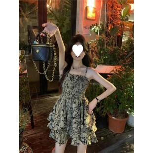 夏季新款吊带裙子矮个子收腰复古法式氛围感A字短裙女