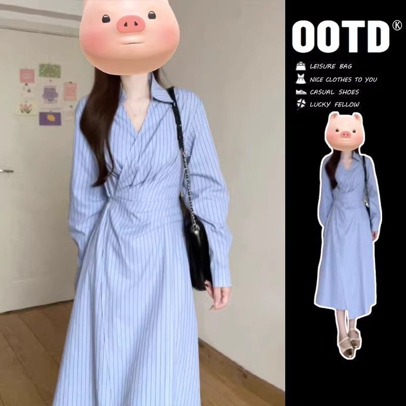 年早秋季新款法式蓝色长袖衬衫连衣裙子夏季气质女装收腰长裙,女装/女士精品,连衣裙,淘宝优惠券,粉丝福利购,淘宝优惠卷