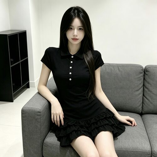 夏季辣妹黑色衬衫领显瘦连衣裙