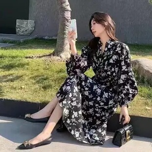 碎花连衣裙 连衣裙花瑶印花气质V领长款 秋季 玫瑰茶歇长款
