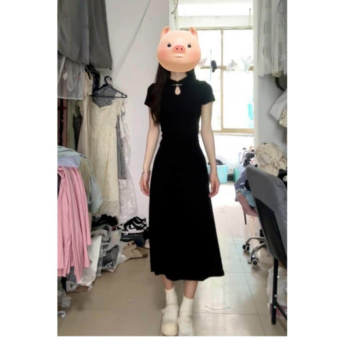 新款小个子改良旗袍黑色连衣裙子夏季新中式女装修身长裙