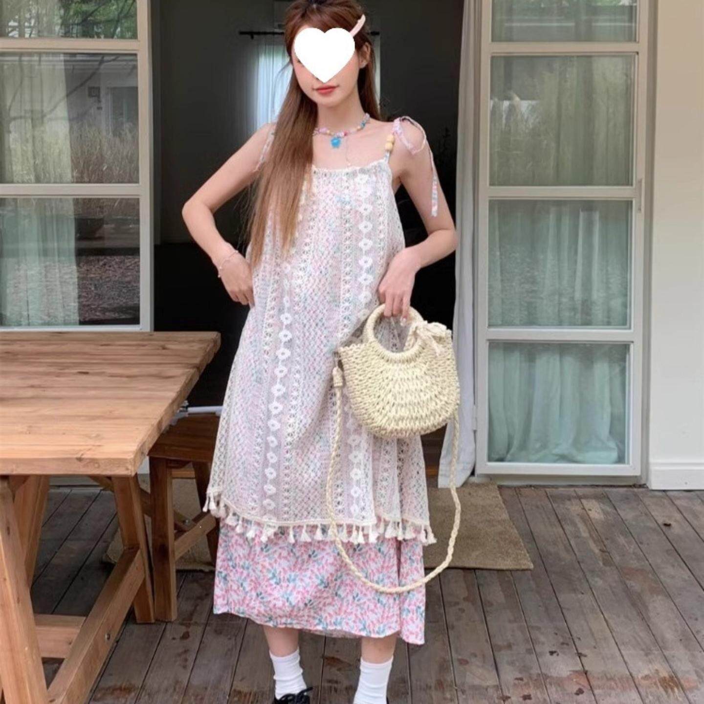 夏季新款法式海边度假风流苏蕾丝吊带裙女中长款碎花连衣裙仙女裙