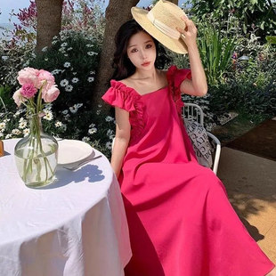 2025新款 宽松显瘦长裙甜美海边 气质玫红色小飞袖 方领连衣裙女夏季