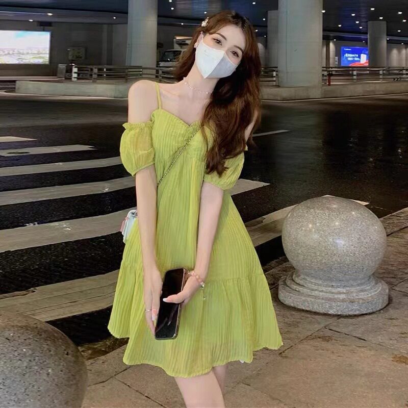 夏季一字领高腰遮肚显瘦连衣裙