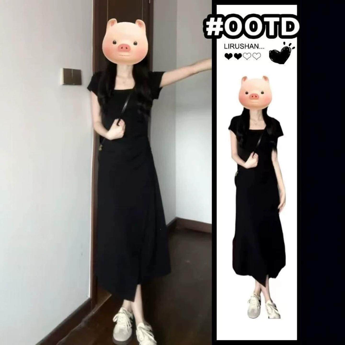 休闲黑色方领连衣裙女夏季新款