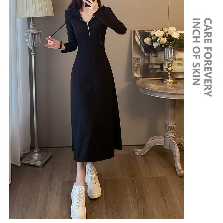 赫本风黑色卫衣连衣裙女秋装收腰显瘦气质高级感长款过膝打底裙子,女装/女士精品,卫裤,淘宝优惠券,粉丝福利购,淘宝优惠卷