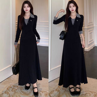 POLO领拼接气质收腰A字长裙 连衣裙女秋季 2025新款 假两件黑色长袖