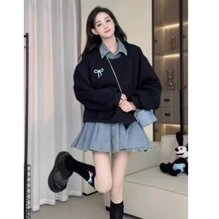 小众设计气质假两件牛仔卫衣连衣裙秋季新款宽松休闲裙子女装