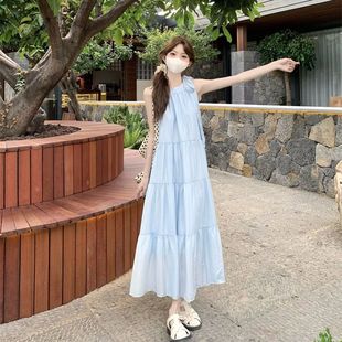 海边度假风无袖 韩系气质长裙ins 挂脖系带连衣裙女2025年夏季 新款