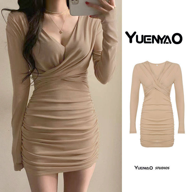 欧美性感交叉拮据V领遮肉连衣裙设计感收腰显瘦纯色长袖包臀裙女,女装/女士精品,连衣裙,淘宝优惠券,粉丝福利购,淘宝优惠卷