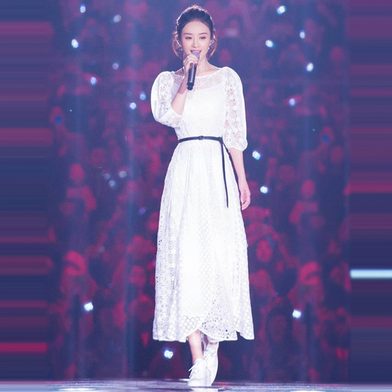 欧洲站2022春秋季明星赵丽颖走秀新款女装白色水溶花绣花连衣裙潮