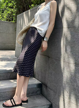 夏季新款法式轻奢重磅真丝鱼尾裙小众设计感蓝色碎花桑蚕丝半身裙