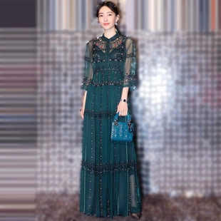 复古礼服明星同款 欧洲站夏季 新款 高级感长裙重工网纱绣花连衣裙女