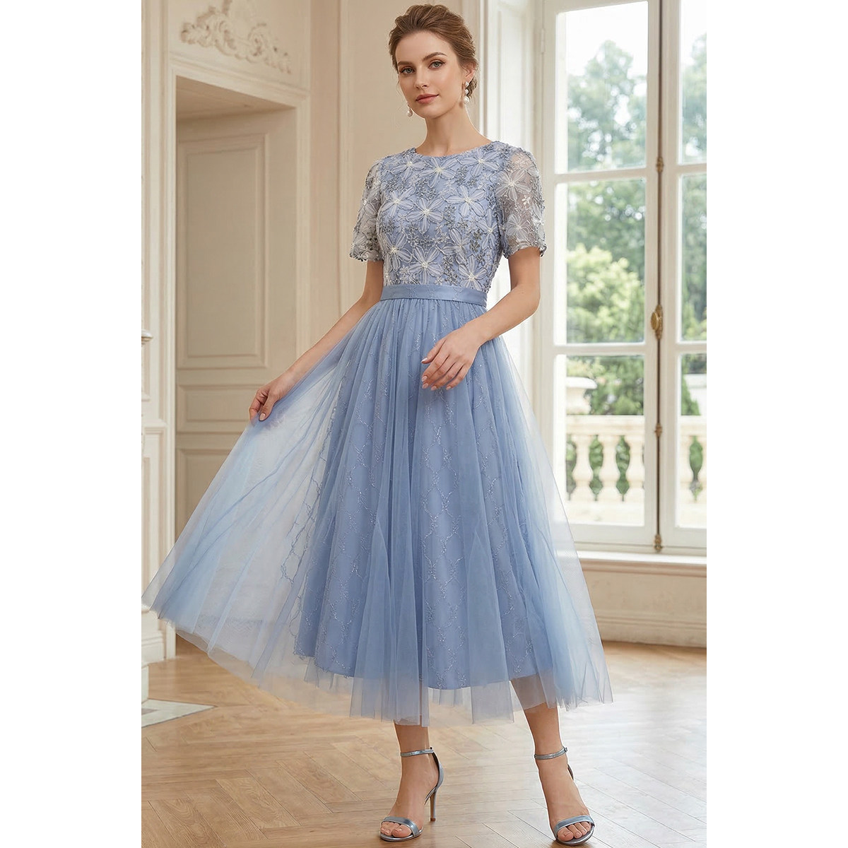 欧货女装2026年夏季新款高端重工珠片绣花拼接网纱中长款连衣裙潮