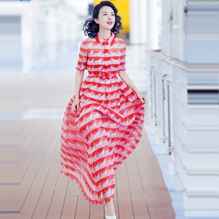 欧货女装夏季新款收腰长裙明星同款气质名媛风显瘦雪纺衬衫连衣裙