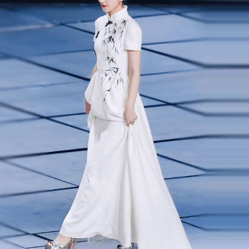 新中式国风旗袍女装2026年夏季新款水墨印花长裙收腰大摆连衣裙潮