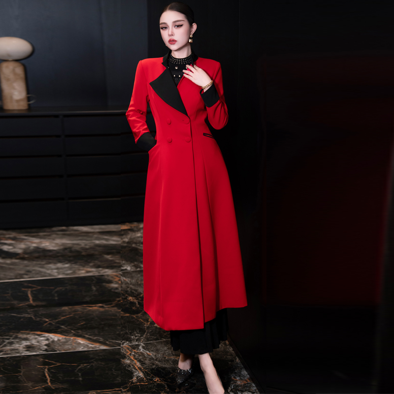 明星同款红色双排扣中长大衣外女