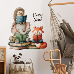 动物读书会墙贴布置卧室床头墙壁贴画美化改造书房客厅背景墙贴纸