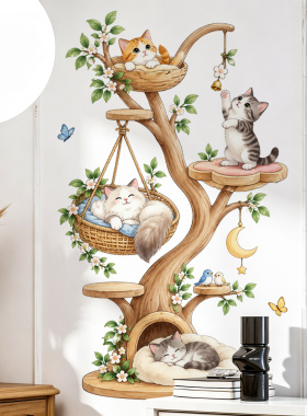 卡通爬树猫咪墙贴温馨房间布置小动物花卉月亮墙面自粘装饰贴画