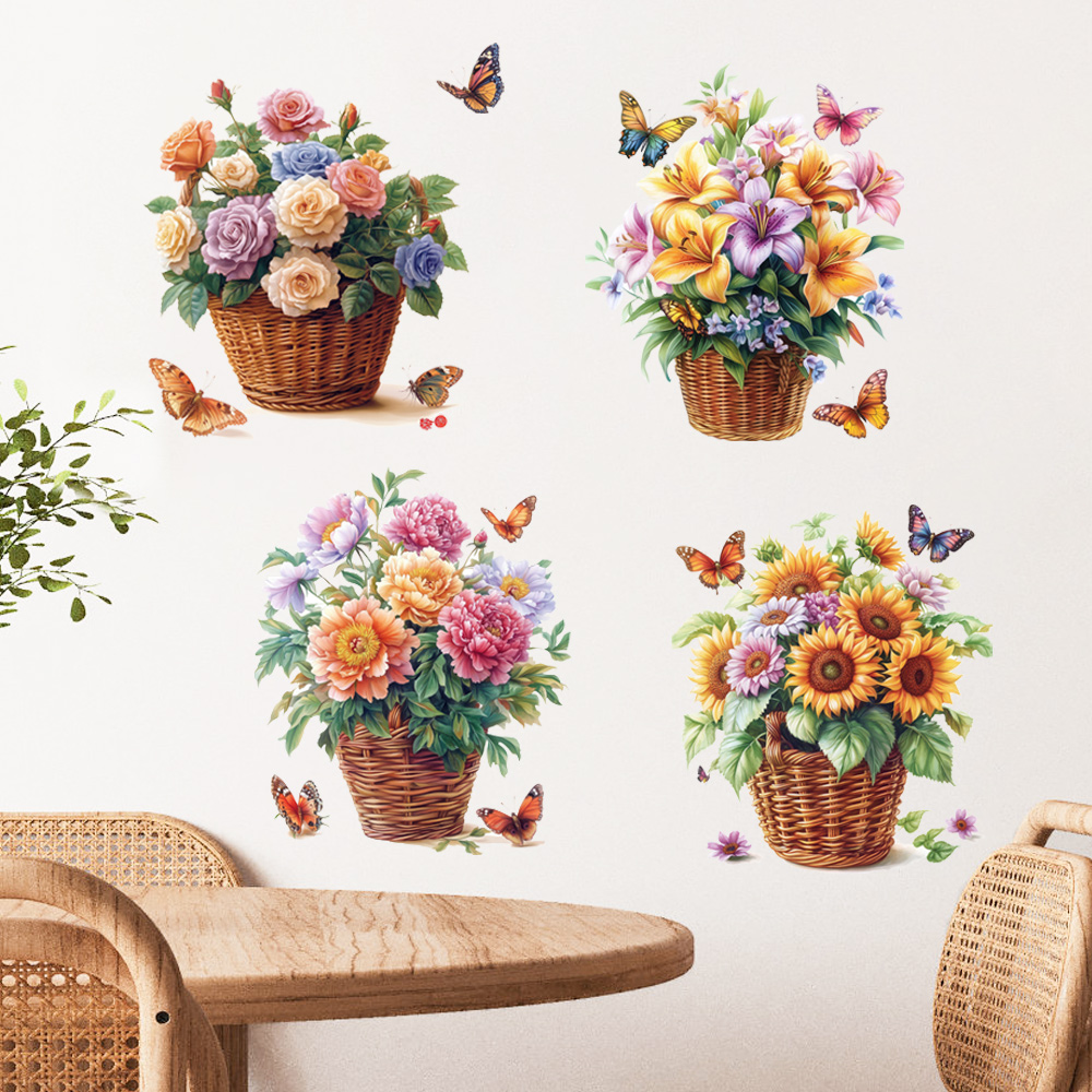 小清新向日葵花篮蝴蝶墙贴居家卧室客厅背景装饰画自粘床头贴纸
