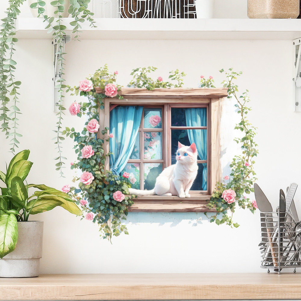 创意仿真小猫咪鲜花窗户墙贴纸自粘卧室出租屋墙遮丑装饰画可移除,家居饰品,软装墙贴,淘宝优惠券,粉丝福利购,淘宝优惠卷